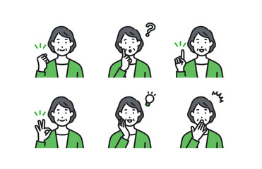 私服の高齢女性のジェスチャーポーズセット