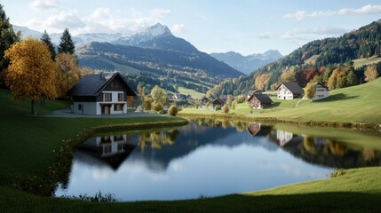 Obraz premium Autumn Village by Mountain Lake