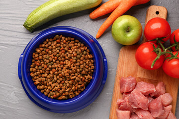 Bowl with dry pet food, raw meat and natural products on color wooden background