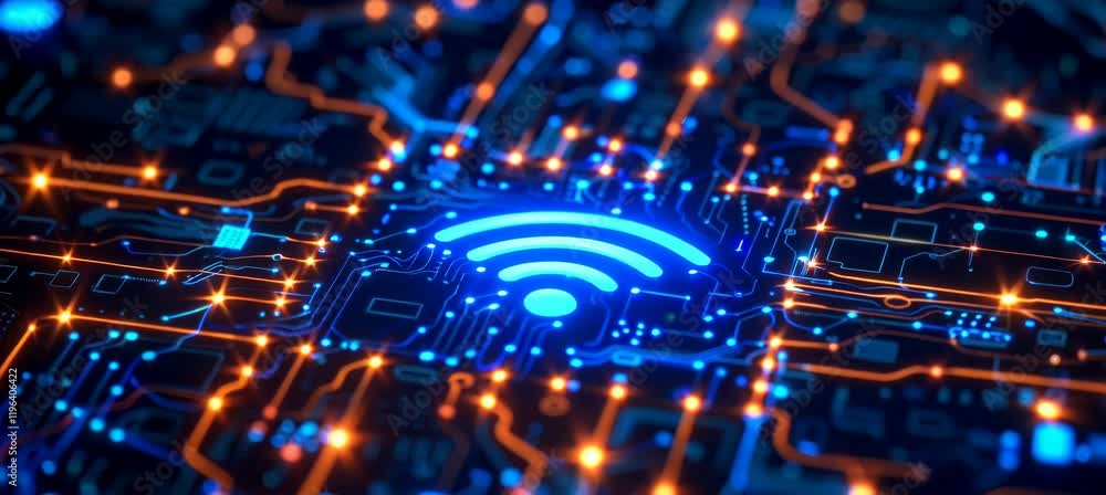 Poster Glowing internet WI-FI on blue circuit chip. Wireless website global data flow. Generative video AI technology.	
