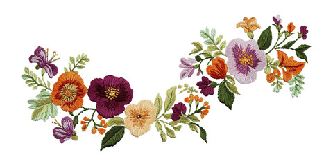 Exquisite embroidered floral arrangement; vibrant, multicolored flowers on black background. Perfect for textile design, invitations, or fashion.