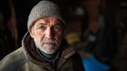 Senior man in beanie with dramatic lighting. Great for aging with dignity, life experience, and authentic portraits.