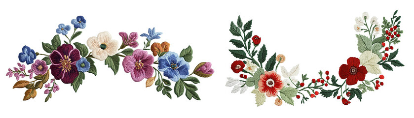 Exquisite embroidered floral designs; three vibrant arrangements perfect for textile designs, invitations, or digital art.