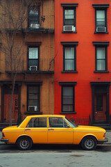 Fototapeta premium Yellow Classic Car Parked Beside Two Brick Buildings