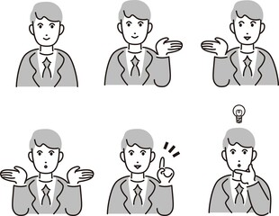 人物　男性　ビジネス　スーツ　上半身　手　表情　線　シンプル　アイコン　イラスト　素材　セット