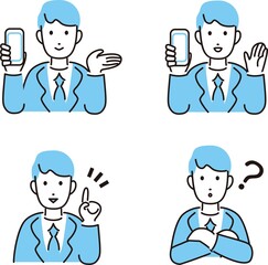 人物　男性　スマホ　ビジネス　スーツ　上半身　手　表情　線　アイコン　イラスト　素材　セット