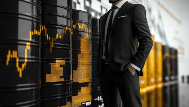 A business professional dressed in a black suit and tie stands with hands in pockets, facing a wall displaying a financial graph alongside industrial oil barrels, suggesting a corporate atmosphere