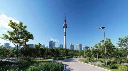 Naklejka premium City Park with Modern Tower