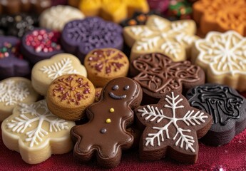 Fototapeta premium Festive Assortment of Colorful Holiday Cookies Displayed on a Rich Red Background, Featuring Gingerbread Figure and Various Decorative Shapes