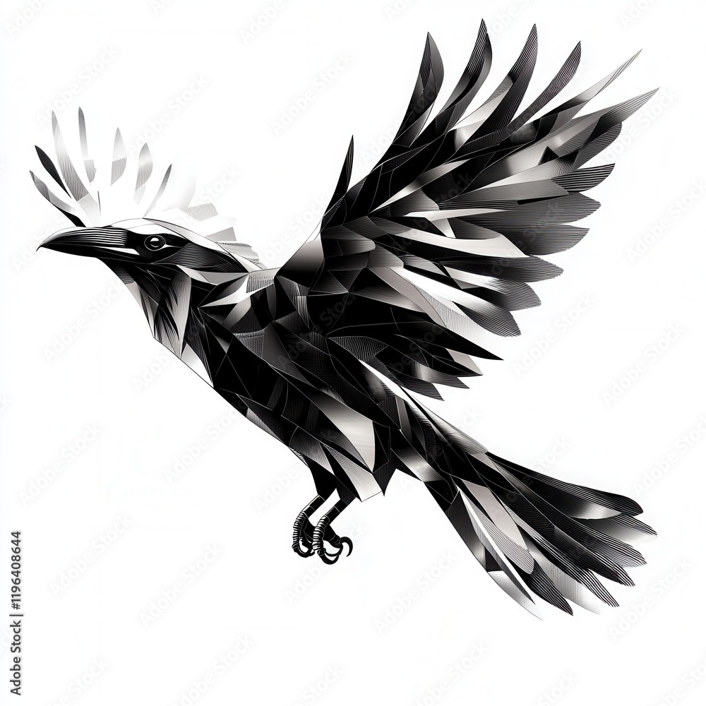 Poster bold raven in flight, abstract representation of a raven with stylized angular feathers, dynamic bla