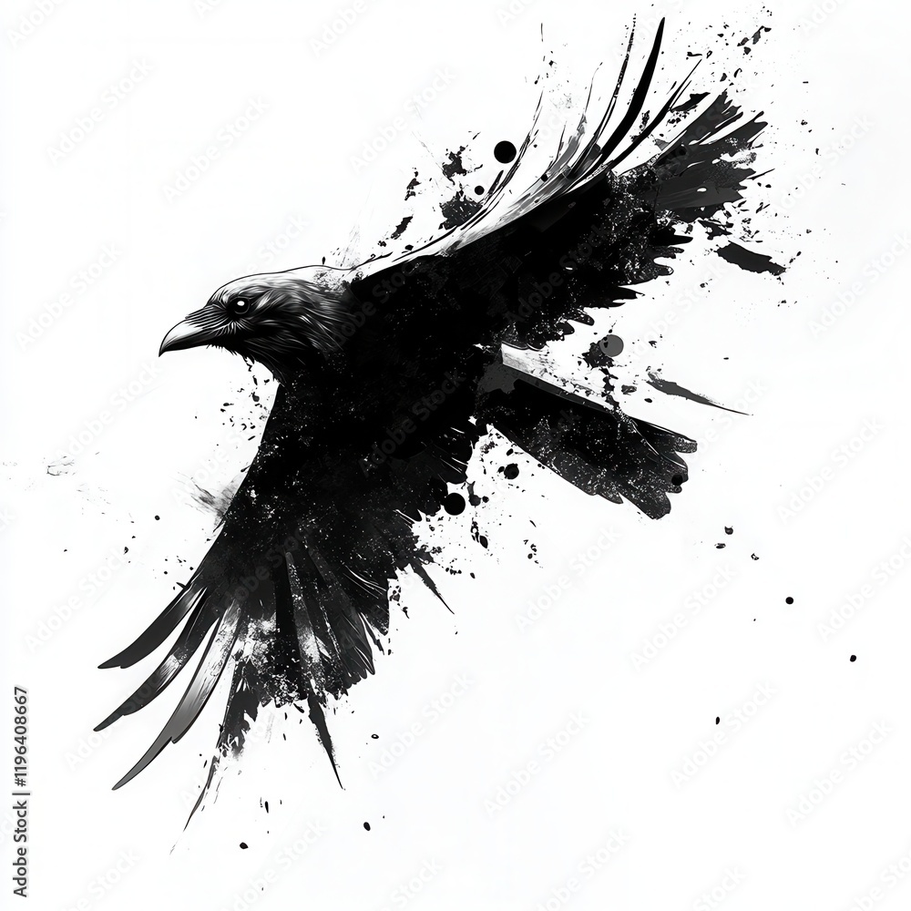 Poster raven in flight, dynamic abstract design showcasing a stylized raven with sharp angular feathers, po