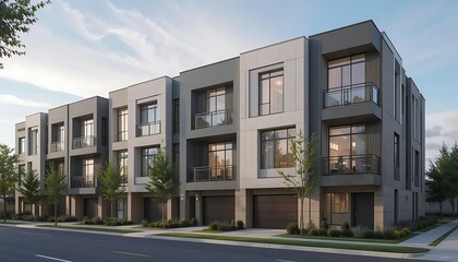 Fototapeta premium Modern Townhomes Grey Facade Evening Light Exterior Design