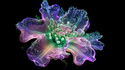 Obraz premium A glowing fractal-inspired abstract flower with intricate layers of luminous petals in purple and green, isolated on black