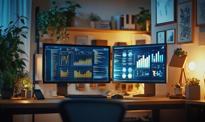 The computer on the desk displays numbers and charts
