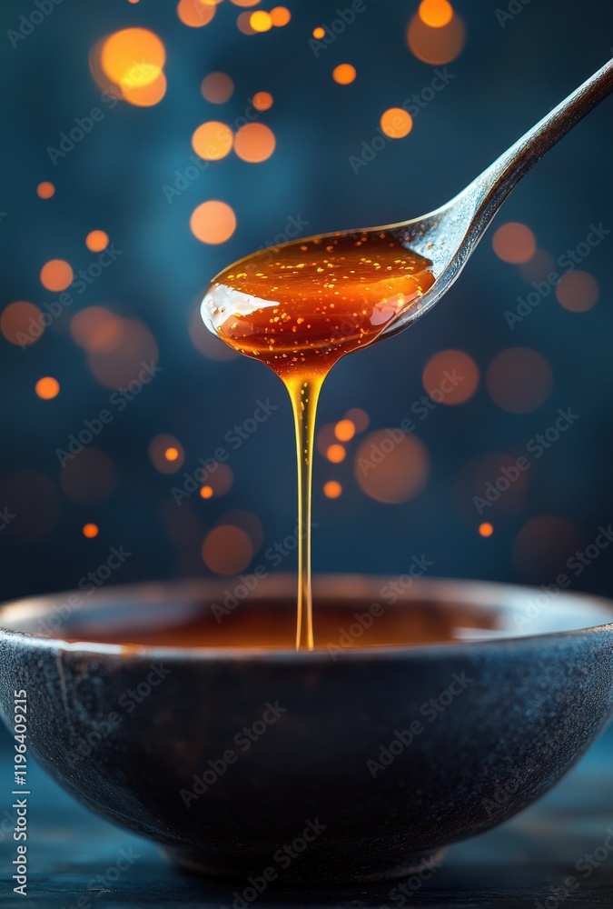 Poster glimmering honey draped from a wooden spoon above a dark bowl surrounded by soft bokeh lights creati