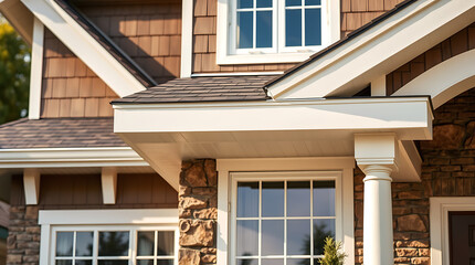 Elegant Home Exterior: Brown Shingle Siding, Stone Accents, and Classic Columns