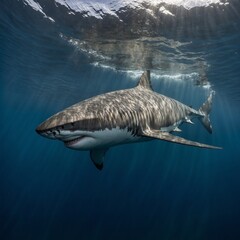 Naklejka premium A great white shark’s dorsal fin cutting through the ocean surface, artistic impression on white.