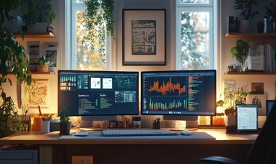 The computer on the desk displays numbers and charts