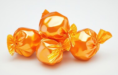Glossy Orange Candy Wrappers Piled Together on a White Background, Perfect for Sweets, Desserts, Treats, and Colorful Food Presentations, Ideal for Marketing and Design Projects