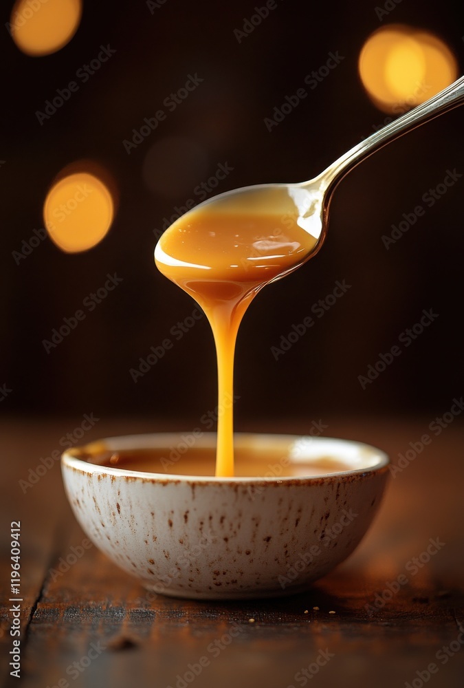 Poster golden honey dripping from a silver spoon into a rustic bowl on a wooden surface with a warm and inv