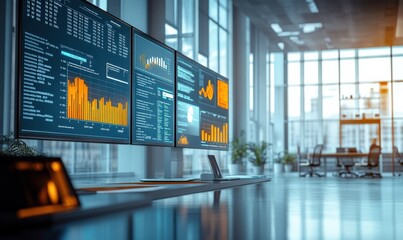 Office desks in modern office buildings, data charts displayed on computer screens