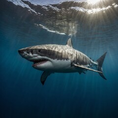 A great white shark floating still, capturing its size and majesty on white.