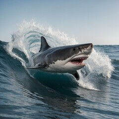 Fototapeta premium A great white shark elegantly weaving through waves, highlighted on a bright white background.