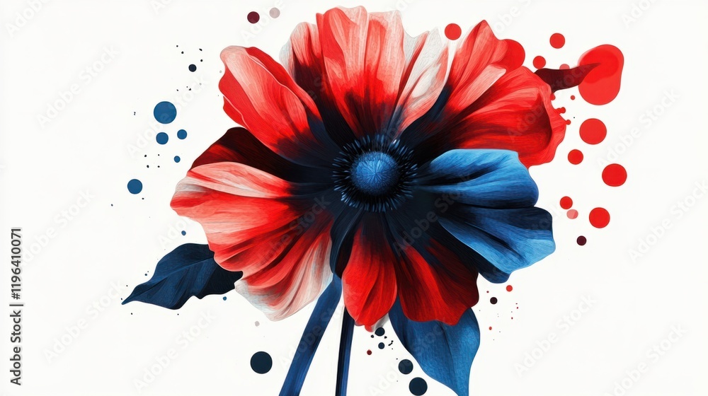 Poster a modern abstract flower with bold color blocks and sharp geometric shapes in red and blue, isolated