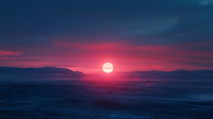 Bright sunset or sunrise over the sea. Minimalist surreal landscape concept background poster. Boho style horizontal banner. Digital illustration, photo style. AI artwork.