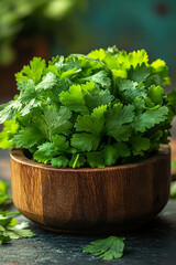 Fresh Cilantro Leaves in Wooden Bowl