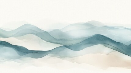 Abstract teal and beige watercolor landscape painting of rolling hills and mountains.