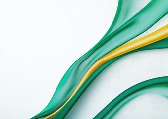 A flowing composition of green and gold fabrics against a white background, creating a sense of elegance and movement.