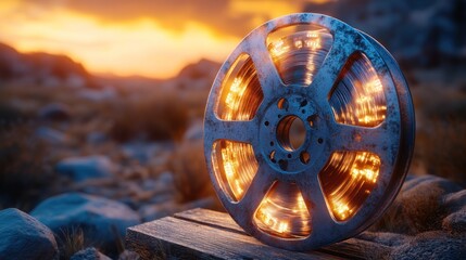 Obraz premium Glowing film reel sunset desert landscape