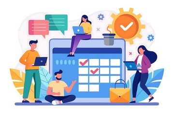 A flat design illustration a team working together around digital calendar working schedule planning concept