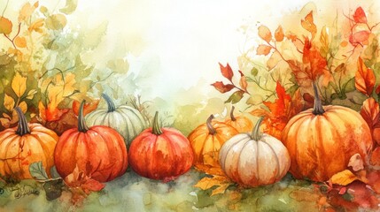 Watercolor painting of pumpkins and autumn leaves. (3)