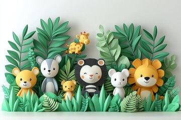 Fototapeta premium Adorable Papercraft Animals Amidst Lush Green Foliage