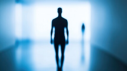 Fototapeta premium Glowing Blue Silhouette, ethereal human form illuminated against a soft white background, minimalistic design emphasizing shape and contrast