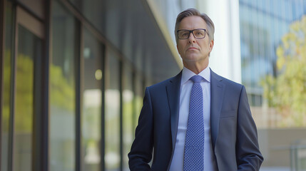 Professional man in suit outside modern office building. Ideal for executive leadership, corporate success, and business expertise.