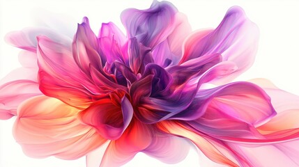 An artistic abstract flower with layered petals resembling brush strokes, in vibrant pinks and purples, on white