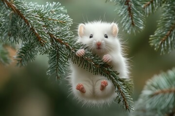a little white mouse hung on a twig of a Christmas tree