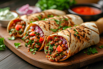 Savory Grilled Chicken Burritos Shawarma Served on a Wooden Platter in a Rustic Kitchen Setting