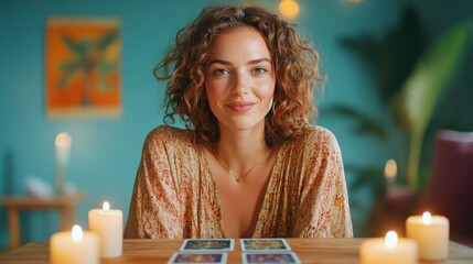 A smiling woman with curly hair sits in a cozy, candlelit setting, surrounded by colorful tarot cards, creating a warm and mystical atmosphere.
