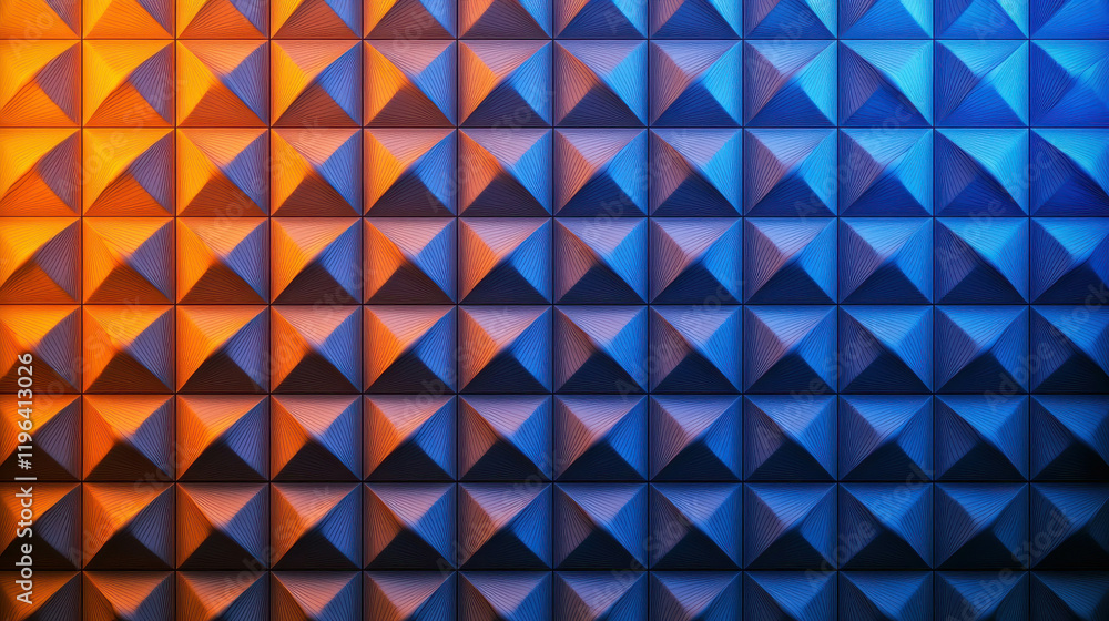 Poster abstract 3d geometric fractal background with cascading patterns in blue and orange colors