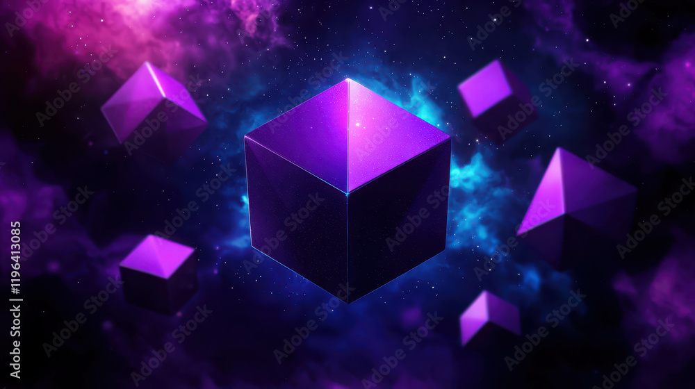 Poster 3d space themed background with floating purple cubes in a cosmic environment