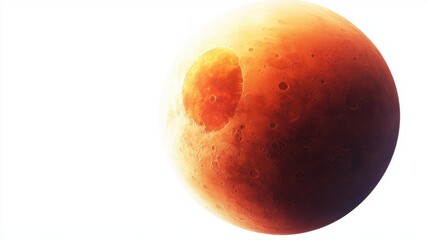 Fototapeta premium A fiery red Mars-like planet with rugged terrain and deep craters, isolated on a simple white backdrop