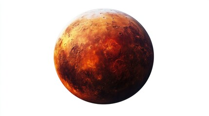 A fiery red Mars-like planet with rugged terrain and deep craters, isolated on a simple white backdrop