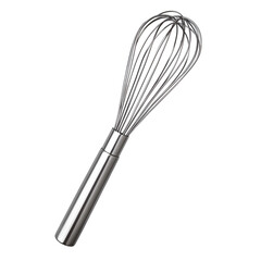 A stainless steel whisk with an ergonomic handle, isolated on transparent background.