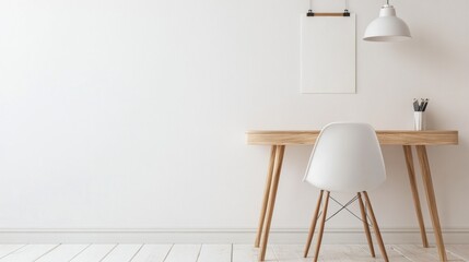 Minimalist Home Office Setup:  A serene workspace with light wood desk, white chair, and blank artwork, perfect for productivity and inspiration.