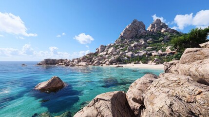 Naklejka premium Serene beach with rocky cliffs and clear turquoise water.