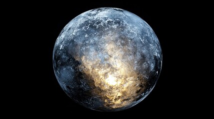 Naklejka premium A planet with icy surfaces and glowing light patches, appearing cold and radiant, isolated on black